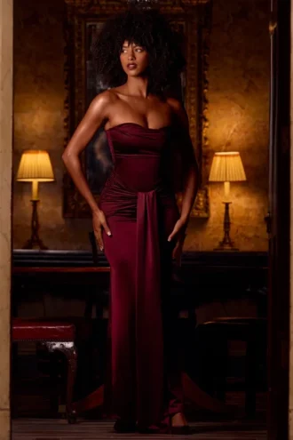Aisra Σατέν Peekaboo Bandeau Draped Gown σε χρώμα Wine Red