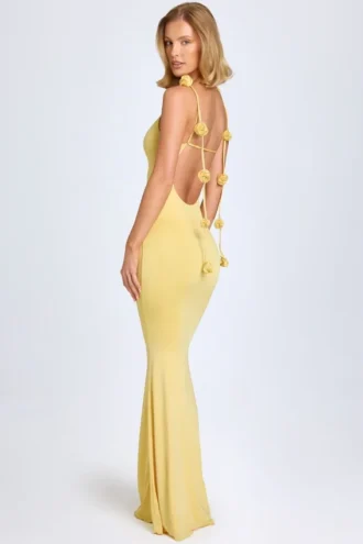 Aldona Slinky Jersey Φόρεμα με λουλουδάτο απλικέ σε παστέλ κίτρινο