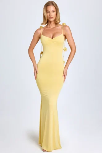 Aldona Slinky Jersey Φόρεμα με λουλουδάτο απλικέ σε παστέλ κίτρινο
