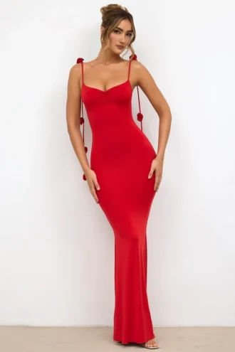 Aldona Slinky Jersey Rose Detail Evening Gown σε κόκκινο