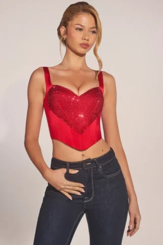 Allure Sweetheart-Neck Lace-Up Corset Μπλούζα σε ροζ κόκκινο