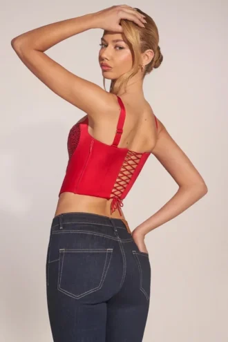 Allure Sweetheart-Neck Lace-Up Corset Μπλούζα σε ροζ κόκκινο