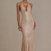 Ameline Premium Embellished Plunge-Neck Open-Back Gown σε μπεζ χρυσό