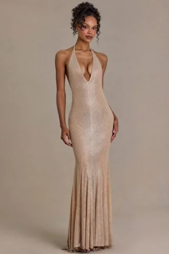 Ameline Premium Embellished Plunge-Neck Open-Back Gown σε μπεζ χρυσό