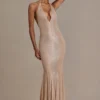 Ameline Premium Embellished Plunge-Neck Open-Back Gown σε μπεζ χρυσό