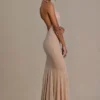 Ameline Premium Embellished Plunge-Neck Open-Back Gown σε μπεζ χρυσό