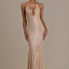 Ameline Premium Embellished Plunge-Neck Open-Back Gown σε μπεζ χρυσό