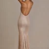 Ameline Premium Embellished Plunge-Neck Open-Back Gown σε μπεζ χρυσό