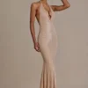 Ameline Premium Embellished Plunge-Neck Open-Back Gown σε μπεζ χρυσό
