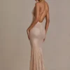 Ameline Premium Embellished Plunge-Neck Open-Back Gown σε μπεζ χρυσό