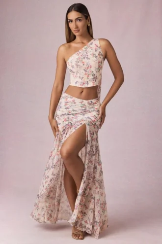 Ασύμμετρη μακριά φούστα Romy με σούρες και floral μοτίβο Primrose