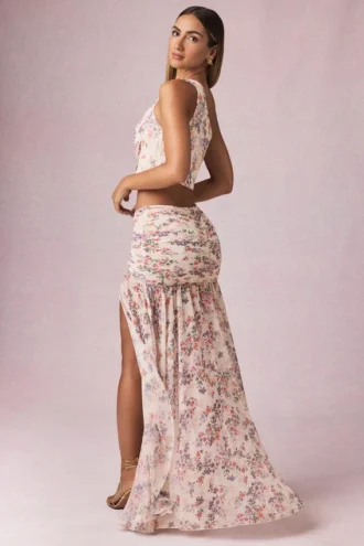 Ασύμμετρη μακριά φούστα Romy με σούρες και floral μοτίβο Primrose