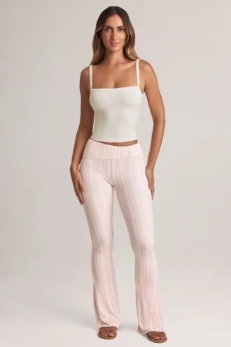 Bebe Modal Foldover Mid-Rise Flared Trousers in Stripe Print
