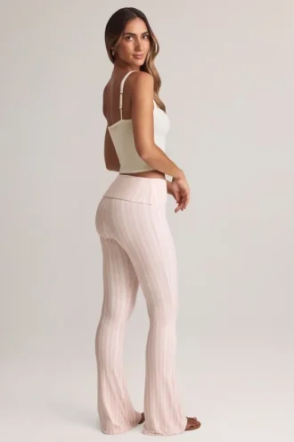 Bebe Modal Foldover Mid-Rise Flared Trousers in Stripe Print