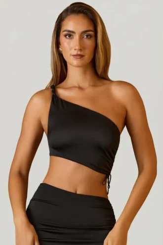 Brisa Ruched Asymmetric Crop Top σε μαύρο