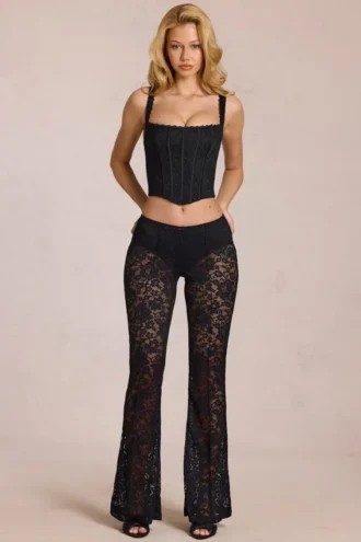 Calista Sheer Lace Mid-Rise Flared Trousers σε μαύρο