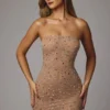 Caprice Διαφανές Μίνι Φόρεμα Bodycon με Διακοσμητικά Στοιχεία σε Αμυγδαλί