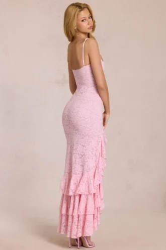 Celira Lace Ruffle Μάξι Φορέμα σε ροζ χρώμα
