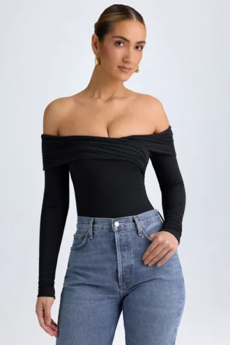 Ceyln Modal Off-Shoulder Ruched Κορμάκι σε μαύρο