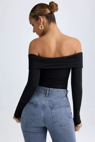 Ceyln Modal Off-Shoulder Ruched Κορμάκι σε μαύρο