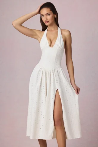 Farrah Μίνι φόρεμα με λαιμόκοψη και αγγλική κεντητική από μοντάλ σε λευκό χρώμα