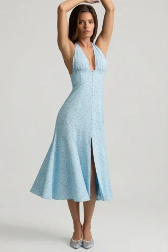 Φορέμα Elonia Halterneck Midaxi με μπλε floral print Φορέμα Elonia Halterneck Midaxi με μπλε floral print