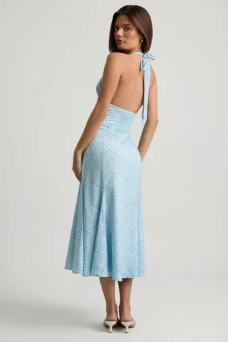 Φορέμα Elonia Halterneck Midaxi με μπλε floral print Φορέμα Elonia Halterneck Midaxi με μπλε floral print