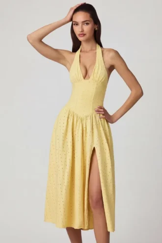 Φόρεμα Farrah Modal Broderie Anglaise με λαιμόκοψη και μήκος μέχρι τα γόνατα σε κίτρινο λεμόνι