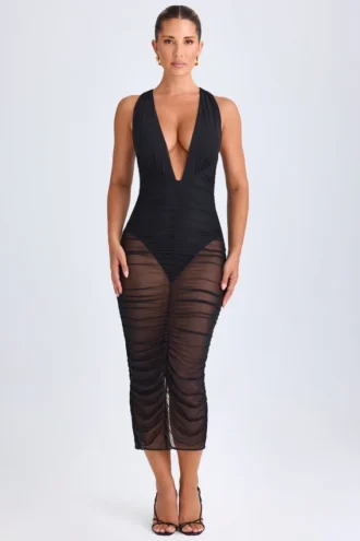 Φορέμα Safira Ruched Plunge Midaxi σε μαύρο χρώμα