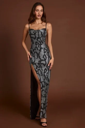 Φορέμα Velia με διακοσμητικό λαιμόκοψη Peekaboo σε ασημί φίδι
