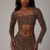 Guilia Sheer Embellished Long Sleeve Crop Top σε χρώμα Deep Cocoa Guilia Sheer Embellished Long Sleeve Crop Top σε χρώμα Deep Cocoa