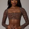 Guilia Sheer Embellished Long Sleeve Crop Top σε χρώμα Deep Cocoa Guilia Sheer Embellished Long Sleeve Crop Top σε χρώμα Deep Cocoa