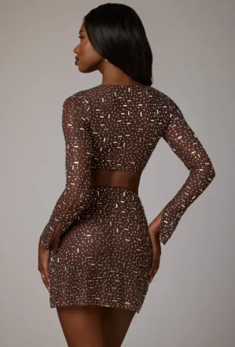 Guilia Sheer Embellished Long Sleeve Crop Top σε χρώμα Deep Cocoa