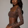 Guilia Sheer Embellished Long Sleeve Crop Top σε χρώμα Deep Cocoa Guilia Sheer Embellished Long Sleeve Crop Top σε χρώμα Deep Cocoa