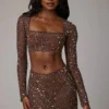 Guilia Sheer Embellished Long Sleeve Crop Top σε χρώμα Deep Cocoa Guilia Sheer Embellished Long Sleeve Crop Top σε χρώμα Deep Cocoa