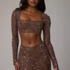 Guilia Sheer Embellished Long Sleeve Crop Top σε χρώμα Deep Cocoa Guilia Sheer Embellished Long Sleeve Crop Top σε χρώμα Deep Cocoa