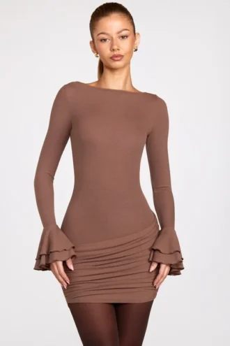 Helena Ribbed Modal Μίνι Φορέμα με μακριά μανίκια και πτυχώσεις σε χρώμα Mocha