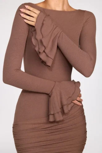Helena Ribbed Modal Μίνι Φορέμα με μακριά μανίκια και πτυχώσεις σε χρώμα Mocha
