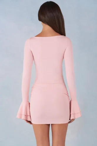 Helena Ribbed Modal Μίνι φόρεμα με μακριά μανίκια και πτυχώσεις σε ροζ χρώμα