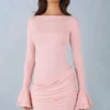 Helena Ribbed Modal Μίνι φόρεμα με μακριά μανίκια και πτυχώσεις σε ροζ χρώμα Helena Ribbed Modal Μίνι φόρεμα με μακριά μανίκια και πτυχώσεις σε ροζ χρώμα