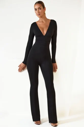 Helene Modal Ruched Plunge Flared Ολόσωμη Φόρμα σε μαύρο
