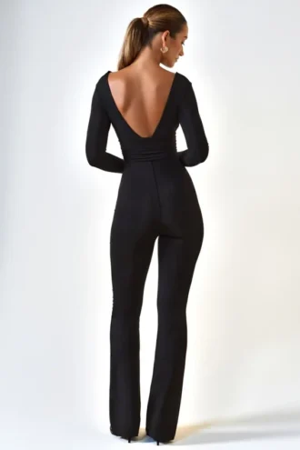 Helene Modal Ruched Plunge Flared Ολόσωμη Φόρμα σε μαύρο