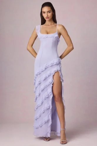 Hera Asymmetric Ruffled Lace-Up Gown σε λιλά