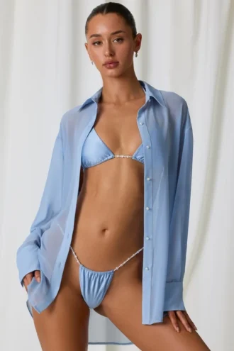 Hiva Oversized πουκάμισο με λεπτομέρειες από πέρλες σε γαλάζιο χρώμα