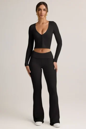 Jules Modal Ribbed Foldover Flared Trousers σε μαύρο