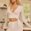 Κοντό μπλουζάκι Lou Pointelle Wrap σε λευκό