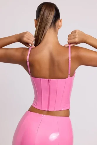Κορσέ crop top με μπανέλες Cassandra από βινύλιο σε ροζ χρώμα
