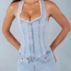 Lalita Button-Down Halterneck Ολόσωμο Σορτς σε ανοιχτόχρωμο τζιν