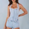 Lalita Button-Down Halterneck Ολόσωμο Σορτς σε ανοιχτόχρωμο τζιν