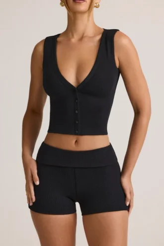 Lene Modal Ribbed Button-Up Μπλούζα σε μαύρο